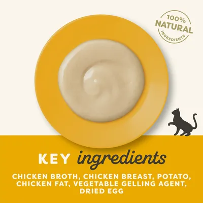 Key ingredients: chicken broth, chicken breast, potato, chicken fat, vegetable gelling agent, dried egg. 100% natural ingredients shown with food on a plate.