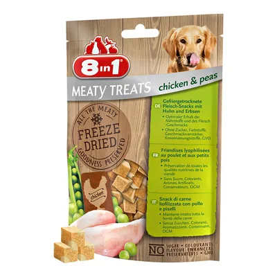 Συσκευασία 8in1 Meaty Treats freeze dried με κοτόπουλο και αρακά, κύβοι λιωφιλιοποιημένου σνακ, χωρίς ζάχαρη, χρωστικές, ενισχυτικά γεύσης, συντηρητικά, GMO. Chicken & peas.