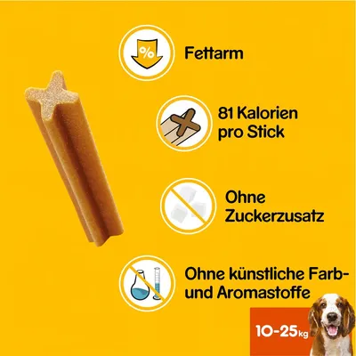 Fettarm, 81 Kalorien pro Stick, ohne Zuckerzusatz, ohne künstliche Farb- und Aromastoffe. Geeignet für Hunde mit einem Gewicht von 10-25 kg.