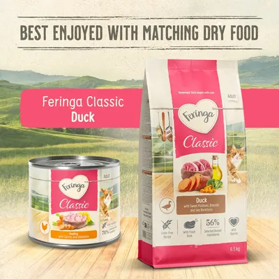 Feringa Classic Duck Wet and Dry Food for Adults, with sweet potatoes, broccoli and sea buckthorn. 56% selected animal ingredients, grain-free, with taurine. Feringa Classic Duck Wet and Dry Food for Adults, with sweet potatoes, broccoli and sea buckthorn. 56% selected animal ingredients, grain-free, with taurine.