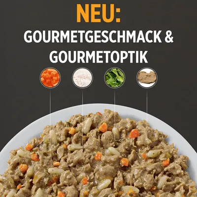 NEU: GOURMETGESCHMACK & GOURMETOPTIK. Billede af vådfoder med synlige ingredienser: gulerødder, ris, grønne blade og kød. Tekst på tysk.