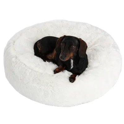 Zwarte hond ligt in een rond, wit, pluizig bed.