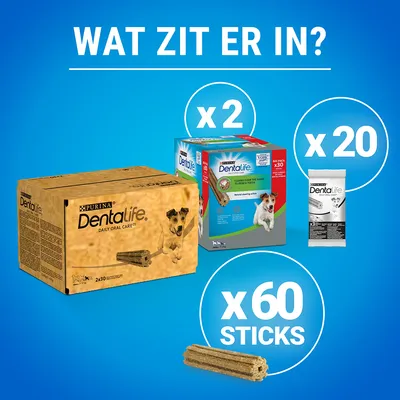 Purina Dentalife Daily Oral Care verpakking, 2 dozen, 20 zakjes en 60 sticks zichtbaar. Tekst: 'Wat zit er in?' op blauwe achtergrond.