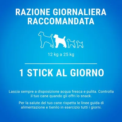 Razione giornaliera raccomandata per cani 12–25 kg: 1 stick al giorno. Consigli: acqua fresca sempre disponibile, controlla il cane durante lo snack, segui le linee guida alimentari.