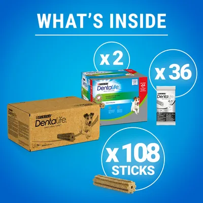 PURINA Dentalife Daily Oral Care. Billede viser 2 pakker, 36 poser og 108 sticks. Teksten 'WHAT'S INSIDE' vises øverst. Produktemballage og antal er tydeligt markeret.