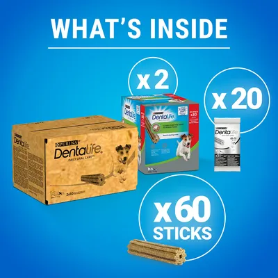 PURINA Dentalife Daily Oral Care. To æsker, én med 20 poser og én med 60 tyggepinde. Tekst: x2, x20, x60 sticks. Synlige billeder af emballage og tyggepind.