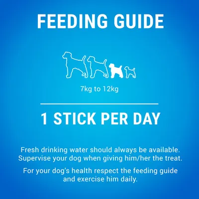 Feeding guide: for 7kg to 12kg, give 1 stick per day. Ensure fresh water is available, supervise when giving the treat, follow the feeding guide and provide daily exercise.