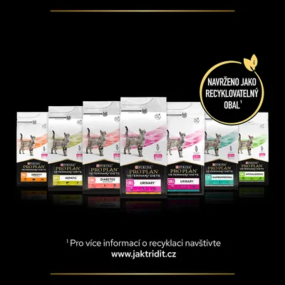 Purina Pro Plan Veterinary Diets pre mačky: Obesity, Hepatic, Diabetes, Urinary, Gastrointestinal, Hypoallergenic. Text v češtine: Navrženo jako recyklovatelný obal. www.jaktridit.cz