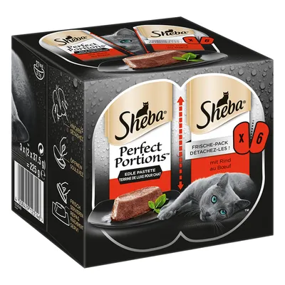 Sheba Perfect Portions jemná paštéta s hovädzím, čerstvé balenie s 6 porciami po 37,5 g, celková hmotnosť 225 g. Viditeľný návod na otvorenie a servírovanie.