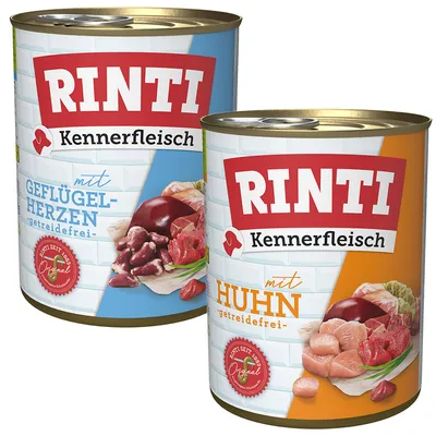 RINTI Kennerfleisch Dosen: mit Geflügelherzen, getreidefrei und mit Huhn, getreidefrei. Original seit 1983.