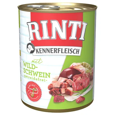 RINTI Kennerfleisch mit Wildschwein getreidefrei. Dåse med billede af kød og indmad. Rødt mærke: Rinti seit 1983 Original. Tekst på tysk.