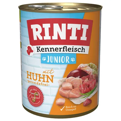 RINTI Kennerfleisch Junior mit Huhn, getreidefrei, reich an Omega3. Original seit 1926.