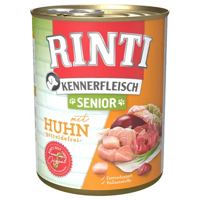 Rinti Kennerfleisch Senior mit Huhn, getreidefrei, fettreduziert, Ballaststoffe, Original seit 1893. Abgebildet sind Fleischstücke und Innereien.
