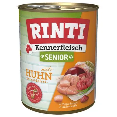 RINTI Kennerfleisch Senior met Huhn, getreidefrei. Tekst: Fettreduziert, Ballaststoffe. Afbeelding van vlees en groenten op het blik zichtbaar.
