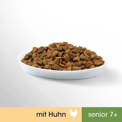 Miska s granulemi, text: mit Huhn, senior 7+