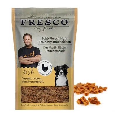 FRESCO dog foods. Echt-Fleisch Huhn Trainingsknöchelchen. Der Martin Rütter Trainingssnack. Gesund, lecker, vom Hundeprofi. 100% Monoprotein Snack Huhn, ohne Farb-, Aroma- und Konservierungsstoffe.