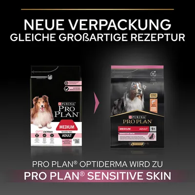 Новая упаковка, тот же отличный состав. Purina Pro Plan Optiderma становится Purina Pro Plan Sensitive Skin Medium Adult.