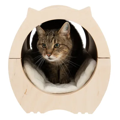 Котка в дървена къщичка с кръгъл отвор и бяло меко легло вътре. Видими са материалите: дърво и плат.