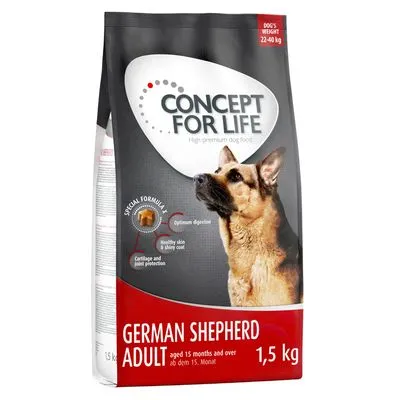 Sacco Concept for Life German Shepherd Adult 1,5 kg, per cani di peso 22–40 kg. Testo visibile: optimum digestion, healthy skin & shiny coat, cartilage and joint protection.