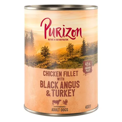Purizon Chicken Fillet with Black Angus & Turkey, 45 % chicken fillet, Adult Dogs, 400 g. Texte en anglais sur l’emballage.