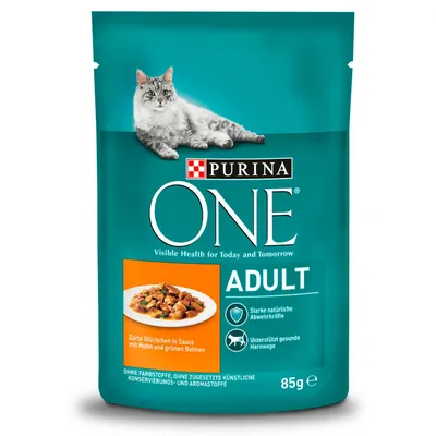 Purina ONE ADULT τροφή γάτας 85g, κομμάτια σε σάλτσα με κοτόπουλο και πράσινα φασόλια. Ενδείξεις: ισχυρές φυσικές άμυνες, υποστήριξη υγιών ουροφόρων οδών.