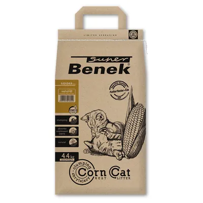 Super Benek Corn Cat Litter, 4,4 kg, přírodní hrudkující stelivo, pohlcuje nepříjemné pachy, bez GMO, hodnocení FutterTester.de: dobré.