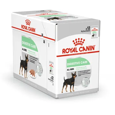 Balení Royal Canin Digestive Care All Sizes, 12×85g kapsiček pro psy, obrázek psa a krmiva na obalu, text: improves stool quality, for dogs prone to digestive sensitivity.