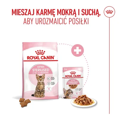 Royal Canin Kitten Sterilised 6 do 12 miesięcy karma sucha i mokra. Rekomendacja: mieszaj karmę suchą i mokrą, aby urozmaicić posiłki. Royal Canin Kitten Sterilised 6 do 12 miesięcy karma sucha i mokra. Rekomendacja: mieszaj karmę suchą i mokrą, aby urozmaicić posiłki.