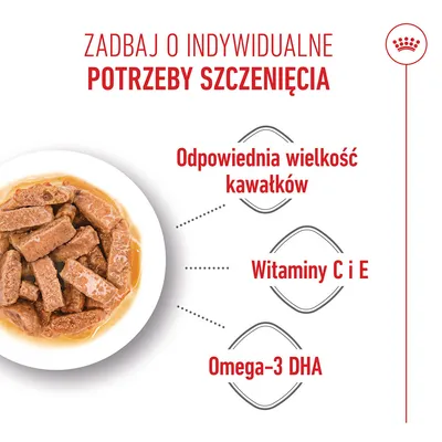 Miseczka z karmą z kawałkami mięsa, indywidualne potrzeby, odpowiedni rozmiar kawałków, witaminy C i E, kwas dokozaheksaenowy (DHA) Omega-3. Miseczka z karmą z kawałkami mięsa, indywidualne potrzeby, odpowiedni rozmiar kawałków, witaminy C i E, kwas dokozaheksaenowy (DHA) Omega-3.