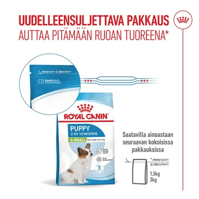 Royal Canin Puppy X-Small 2–10 kuukautta, uudelleensuljettava pakkaus easyopen- ja vetoketjujärjestelmällä, saatavilla 1,5 kg ja 3,0 kg, freshpack-suojakaasu. Royal Canin Puppy X-Small 2–10 kuukautta, uudelleensuljettava pakkaus easyopen- ja vetoketjujärjestelmällä, saatavilla 1,5 kg ja 3,0 kg, freshpack-suojakaasu.