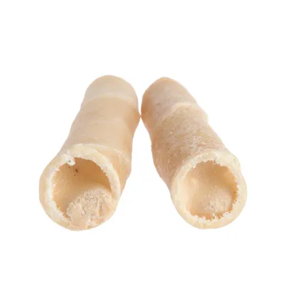 Zwei hohle, beige Kaustangen aus natürlichem Material, geeignet als Kausnack für Haustiere.