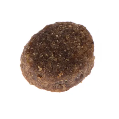 Close-up of a brown, round dry food piece with a granular texture.