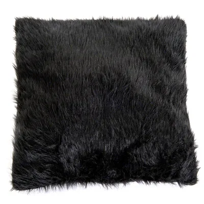 Schwarzes, quadratisches Kissen mit flauschiger Oberfläche.