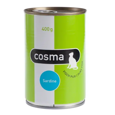 Lata de 400 g de cosma Sardine, texto visible: 'FISCH PUR | PURE FISH', diseño verde y blanco con silueta de gato.