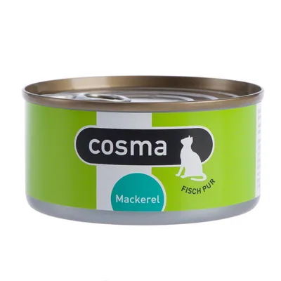 Boîte de nourriture pour chat cosma, texte visible : Mackerel, FISCH PUR, illustration de chat sur l’étiquette verte.