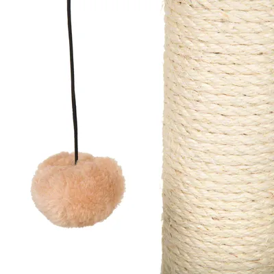 Cat tree with sisal rope and hanging plush toy ball on a string.
