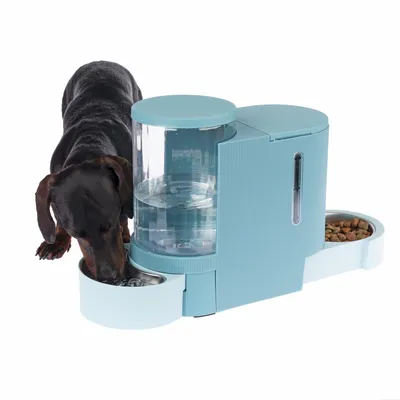 Futter- und Wasserspender in Blau mit integriertem Napf, gefüllt mit Trockenfutter. Hund trinkt aus dem Wassernapf.