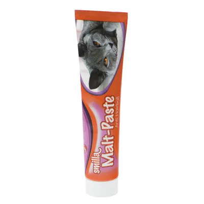 Smilla Malt-Paste Anti-Hairball -tahna kissalle, oranssi tuubi, etiketissä harmaa kissa ja tuotteen nimi näkyvissä