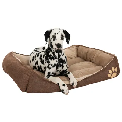 Braunes Hundebett mit beigem Innenpolster und Pfotenmotiv an der Seite. Dalmatiner liegt entspannt im Bett.