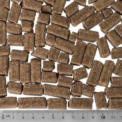 Ruskeita suorakaiteen muotoisia lemmikkien ruokanappuloita, alareunassa mitta-asteikko 0–11 cm näyttämässä nappuloiden pituuden olevan noin 2–3 cm.