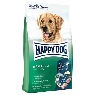 Happy Dog Maxi Adult, 26kg. Crocchette grandi, supporta le articolazioni, varietà di proteine altamente digeribili. Made in Germany. Fit & Vital con cinque ingredienti per un'alimentazione sana.