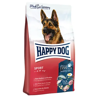 Happy Dog Sport cibo per cani, 11 kg. Migliora resistenza e forma, più energia con L-carnitina, supporta le articolazioni. Made in Germany. Fit & vital con pesce, carne e uova.