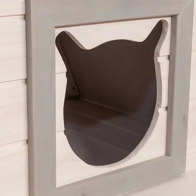 Detailweergave van een houten huis met kattenvormige ingang, lichte houtlook en grijs frame.