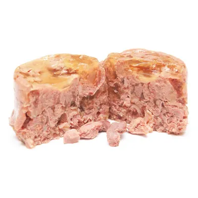 Alimento umido per animali da compagnia, consistenza a pezzi compatti con gelatina visibile, porzione tagliata a metà su sfondo bianco.