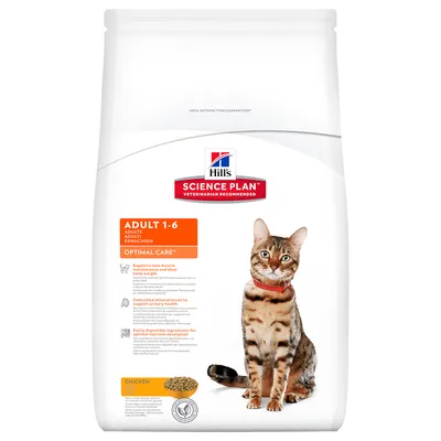 Hill's Science Plan Adult 1-6 Optimal Care para gatos, sabor pollo. Imagen de un gato y croquetas en el envase. Texto visible: mantenimiento muscular, salud urinaria, fácil digestión.