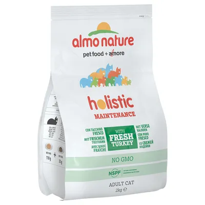 Holistic Maintenance with fresh turkey, no GMO, NSPF certified, adult cat food, 2kg. Key features and product type shown on packaging.
