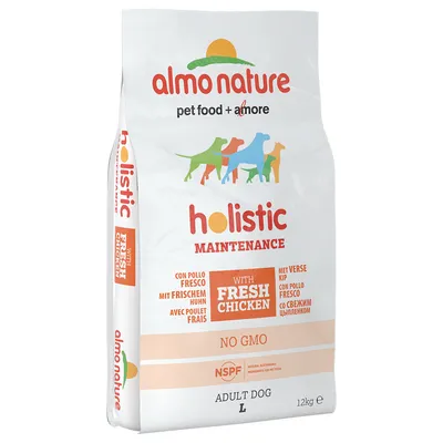 almo nature holistic maintenance adult dog L, 12 kg. Met verse kip, no GMO, NSPF, pet food + amore. Tekst in meerdere talen zichtbaar op verpakking.