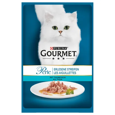Pachet hrană umedă pentru pisici Purina Gourmet Perle, text vizibil: Erlesene Streifen, Les Aiguillettes, mit Thunfisch au thon, imagine felii de ton pe farfurie.