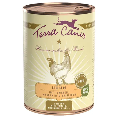 Terra Canis Huhn huismaanskost voor honden, met tomaten, amaranth en basilicum. 100% natuur. Chicken with tomato, amaranth & basil. Tekst deels in het Duits en Engels.