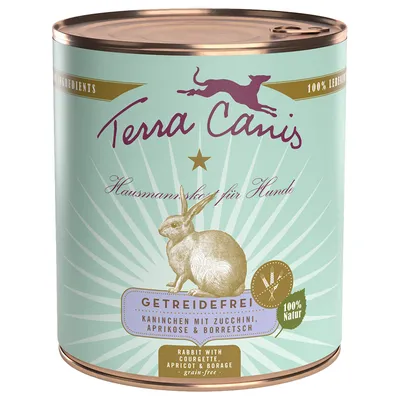 Terra Canis Hausmannskost für Hunde, getreidefritt hundfoder med kanin, zucchini, aprikos och gurkört. 100 % natur. Text på tyska och engelska synlig på burken.